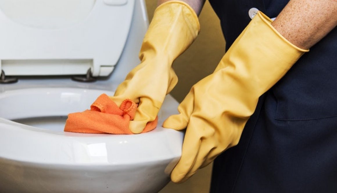 a professional housekeeper cleaning a toilet