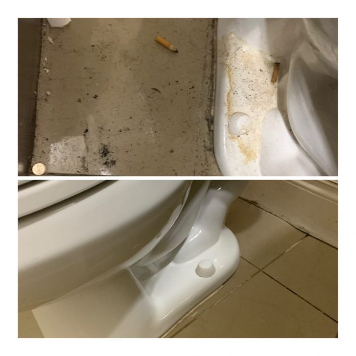 Maid service before and after bathroom toilet lower portion cleaned